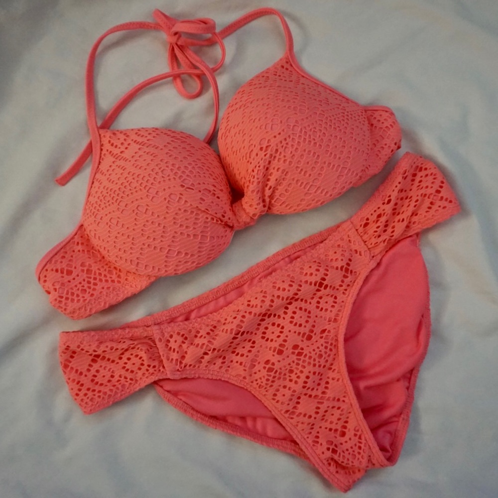 PINK by Victoria Secret | Pink Coral Crochet Swim Bikini Set S Top XS Bottom